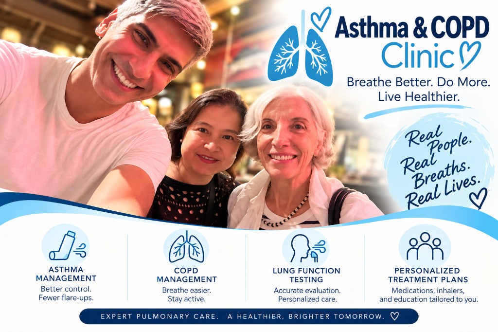 Dr. Khamis smiling with two women. Asthma & COPD Clinic. Real people, real breaths, real lives.